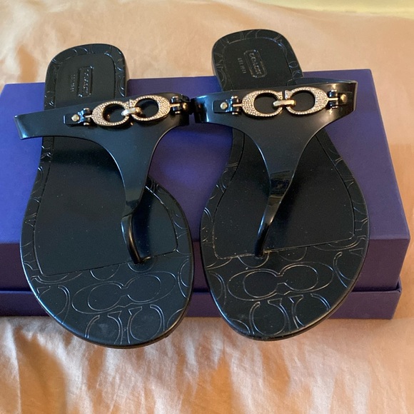 Coach Black Logo Crystal Logo Jelly Flip Flops - Picture 1 of 16